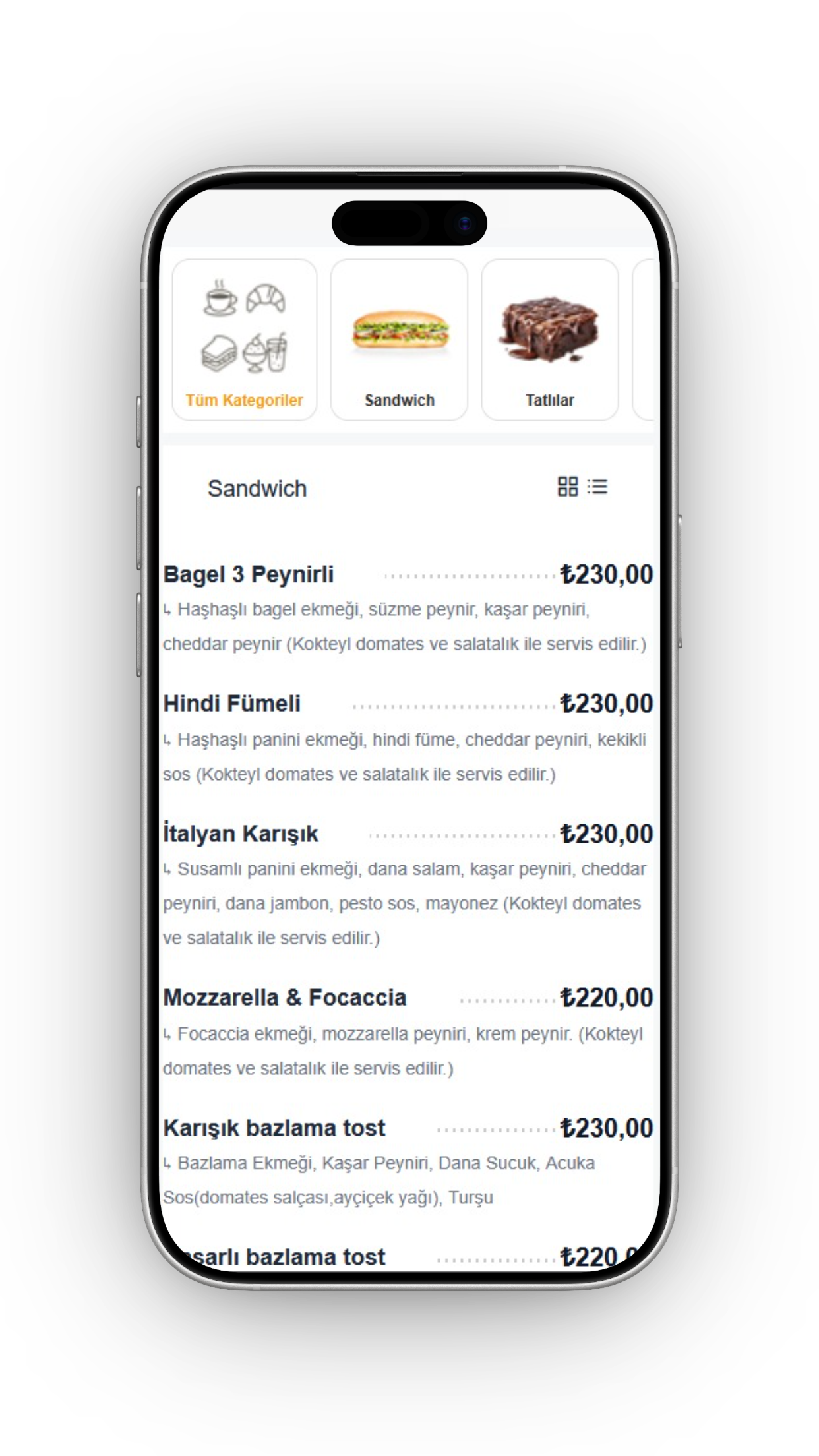 QR Menü Kategori Görünümü